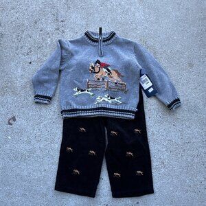 Vintage 1980s Kitestring Horse Race Outfit Sweater Woven Pants Toddler Size 24M